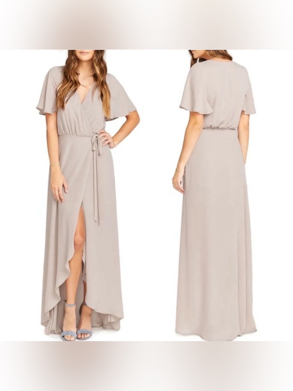 NWOT Show Me Your Mumu Sophia Wrap Dress Medium Beige Short Sleeve Midi Maxi